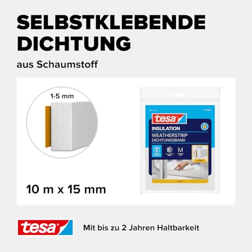 tesa INSULATION Dichtungsband - Schaumstoffdichtung zum Isolieren von Spalten im Haushalt, selbstklebend - Weiß - 10 m x 15 mm x 5,5 mm