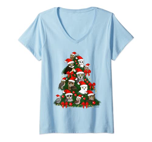 Womens Cute Cartoon Santa Claus Owls Christmas Tree Birdorable V-Neck T-Shirt