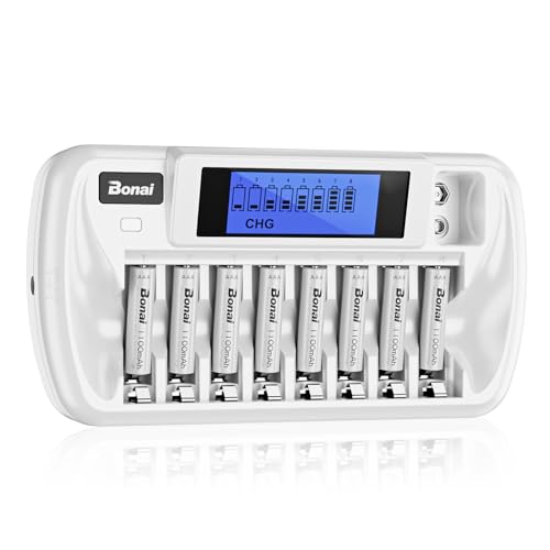 BONAI Rechargeable AAA Batteries with Charger, 8+1 Bay Battery Charger AA AAA with LCD Display for 1.2V NiMH NiCD AA AAA 9V, 1100mAh High Capacity Low Self Discharge- 8 Pack