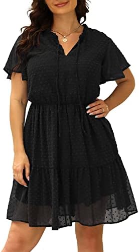 Nemidor Womens Plus Size Swiss Dot Flowy Boho Jacquard Chiffon Print Dress with Ruffle Sleeve NEM312(14,Black)