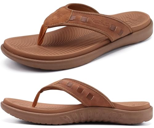 KuaiLu Chanclas Deportivas Hombre Cómodas Ortótico Cuero Tanga Sandalias Con Soporte Arch Para Verano Aire Libre, Moda Caqui EU 39