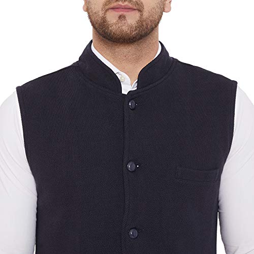 Image of HYPERNATION Navy Blue Color Cotton Men's Knitted Waistcoat(HYPM03115)
