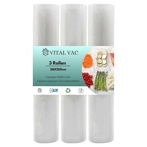 VITAL VAC Vakuumierbeutel | 3 Rollen 28 x 500 cm | Vakumierfolienrollen Lebensmittel für Vakuumiergerät | Geeignet für Sous Vide, Konservierung, Gefrieren, Mikrowelle und Kochen