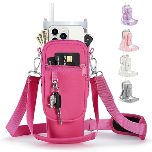 Image of linmaya Water Bottle Carrier Bag with Phone Pocket for Stanley 40 /30 oz Tumbler Neoprene Water Bottle Holder Pouch with 2 Adjustable Strap & 3 Leak Stoppers for Stanley Cup Accessories