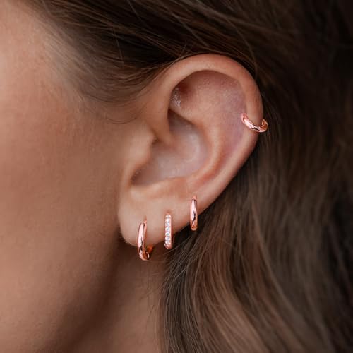 Image of Small Gold Huggie Hoop Earrings Set for Women Men Hypoallergenic 14K Plated Stack Cartilage Earrings, Sterling Silver Multiple Piercing Lightweight Mini Thin Cute Dainty Trendy Jewelry Gifts for Women