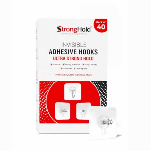 Image of StrongHold Self Adhesive Screw Hooks for Wall Without Drilling - 40 Pcs Heavy Duty Transparent Wall Hanging Hooks, Nail Free Stainless Steel Hooks for Frames & Wall Decor