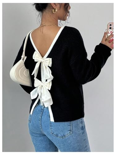 Image of Floerns Women's Colorblock Bowkbot Back Long Sleeve Sweater Cute Pullover Tops Black Large