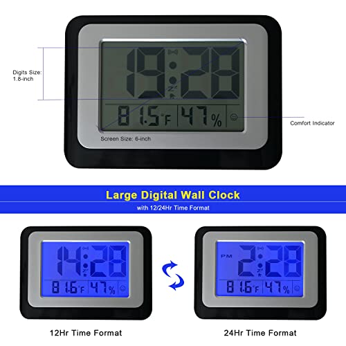 Ocest 6” Lcd Large Display Digital Wall Clock, Big Digits Desk Clock With Indoor Temperature Humidity, Multifunction Date, Backlight, Hourly Chime, Snooze Alarm Clock For Elders, Bedroom, Home, Office #TOP2