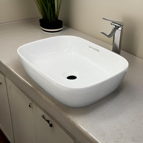 Image of SEA SHORE White Imported Ceramic Table Top Wash Basin - Slim Rim Vessel Sink for Bathroom & Living Room | 18 x 13 x 6 Inch (Bettel White)