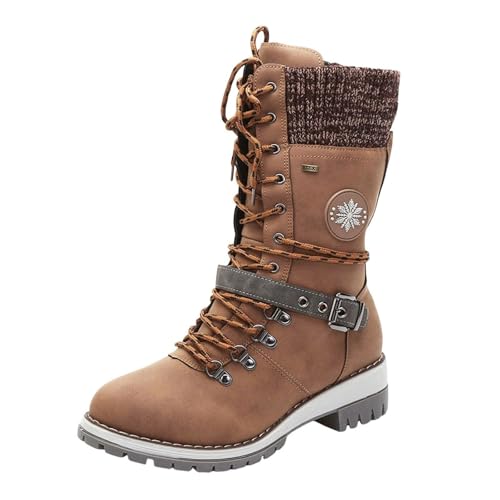 SACFOF Women's Winter Warm Mid Calf Snow Boots Knitted Suede Splicing Lace up Non-Slip Outdoor Motorcycle Riding Booties