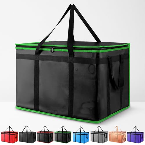 XXXL Insulated Food Delivery Bag - Reusable Thermal Cooler Grocery Bags for Catering&Delivery, Pizza Carrier for Events, Large Capacity Bag Keeps Food Hot/Cold, Commercial (Black with Green Trim, 1PK)