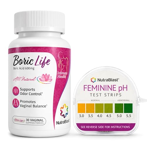 Image of NutraBlast Boric Acid Suppositories 600mg Bundle w /pH Test Strips 3.0-5.5 | 30 Suppositories, 100 Tests Roll, Supports Odor Control, Narrow 3.0-5.5 Range for Healthy Intimate Acidity