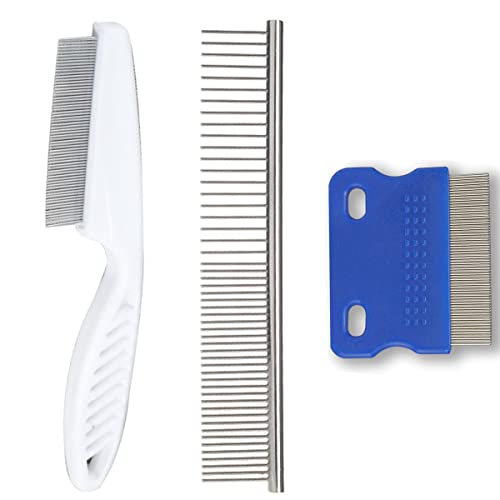 Qiaolejia Dog Grooming Comb,3 Pieces Stainless Steel Cat Combs, 2-in-1 Flea Comb with Round Teeth to Remove Float Hair…