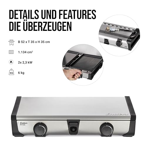 Enders Ryda 2Z GP, Gaskocher mit Zündsicherung, 2-flammig, Edelstahlbrenner 2x2,3 kW, klein und kompakt, inkl. Grillplatte, Gasschlauch und Windschutz, Campinggrill, #1883
