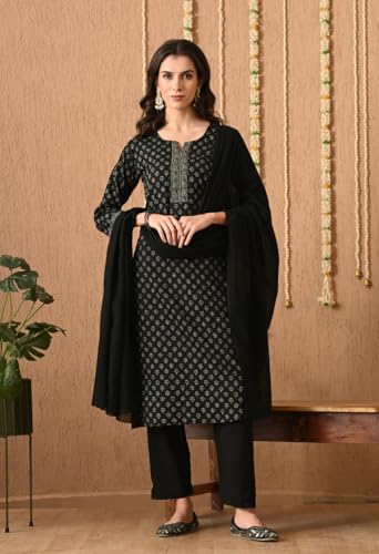 Image of Amazon Brand - Tavasya Womens Ethnic Motifs Printed Regular Pure Cotton Kurta with Trousers & Dupatta | Kurta Set | Salwar Suit | Ethnic Wear
