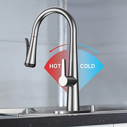 Kitchen Faucet With Pull Down Sprayer, Lepo Brushed Nickel Kitchen Sink Faucet With 4 Sprayer Modes,High Arc Single Handle Pull Down Faucet With Deck Plate For Commercial Kitchen Rv Bar #TOP4