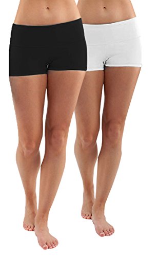 iloveSIA Damen High-Waist 3' Sportshorts 2er Pack Weiche Atmungsaktive Baumwolle für Yoga Radfahren Workout Freizeit Hotpants Größen Schwarz+weiß L