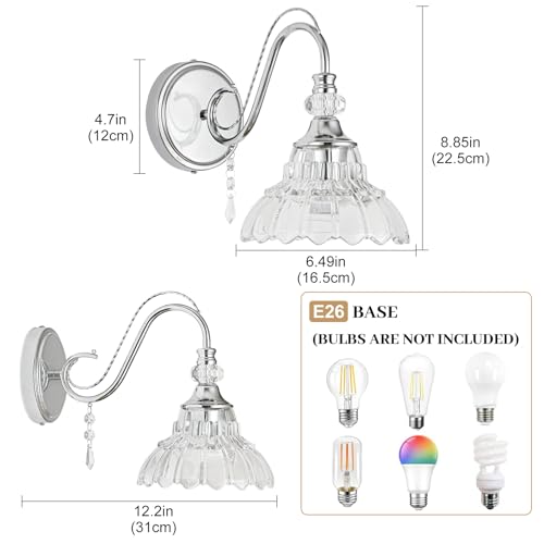 Image of 1 Piece Brushed Chrome Finish Wall Sconce, 1-Light Modern Wall Sconce with Hanging Crystal Accents and Flower-Shaped Clear Shades for Bathroom Bedroom Living Room,Modern Vanity Light
