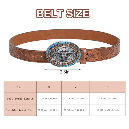 Women Men Western Leather Belts LongHorn Bull Buckle Vintage Belt Cowboy Cowgirl Country Turquoise Waist Belts2