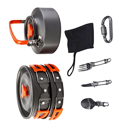 Happyyami 1Set Combination Cooking Portable Camping Cookware with Durable Cooking Pan Teapot for Outdoor BBQ Hiking and Camping Person Orange