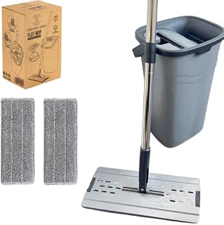 Requisite Needs Flat mop Dry wash with bucket set  Easy Floor cleaning set  Easy to Use  Strong and sturdy  2 Microfibre mop heads with multifunctional bucket