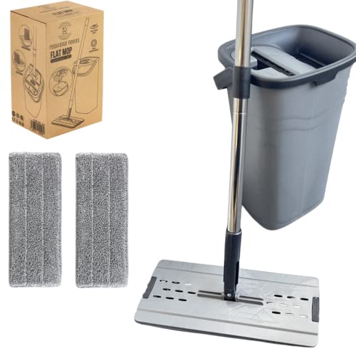 Requisite Needs Trockenwäsche Flachmopp mit Eimer-Set - Einfache Bodenreinigung - Einfache Handhabung - Stark und stabil - Mikrofaser-Wischmoppkopf mit Multifunktionseimer Cover