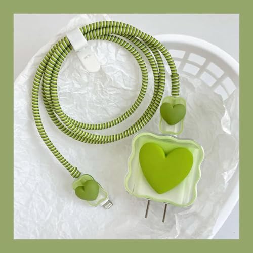Image of INEFABLE Charger Case Cover Protector with 3D Cute Pattern for iPhone Charger only 18W & 20W, Data Charging Cable Wire Saver Protective Cable Cover Full Protection - Set Of 1 (Green Heart)