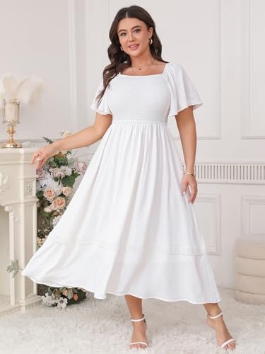 Plus Size Maxi Dresses for Curvy Women Short Sleeve Square Neck Smocked Flowy Formal Wedding Guest Dress Lace Trim2