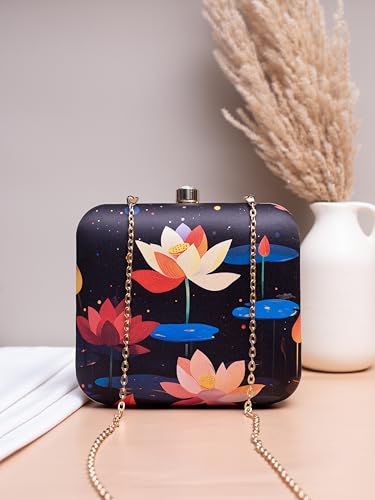 Image of Artklim Printed Box Clutch for Girls - Cross Body Purse with Detachable Golden Chain Strap