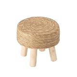 Foot Stool Natural Seagrass Footrest Poufs Hand Weave Round Ottoman for Couch Desk Soft Step Stool Padded Foot Rest with Pine Legs for Living Room Bedroom Boho, Non-Skid Wood Legs