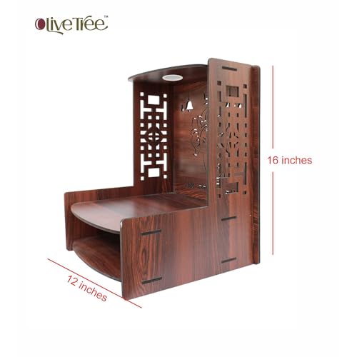Image of Olive Tree Ethnic Wooden Pooja Mandir for Home Handcrafted Puja Stand | Wall Mounted with LED Spot Light | Mandapam, Pooja Ghar, Temple Office Decor - Walnut Size 12X12X16 Inch 1003