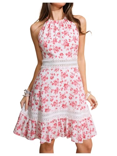 Image of Floerns Women's Contrast Lace Sleeveless Halter Dress Backless Vacation A Line Dress