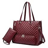 HoldOneLight Lunch 2 in 1 Tote Bag for Women, 15.6 Inch Laptop Bag with Insulated Lunch Compartment, Quilted Large Capacity Computer Handbag with Purse (Wine Red)