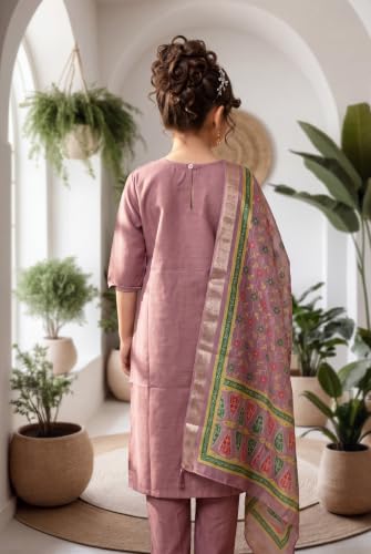 Image of Girls Cotton Blend Embroidered Kurta Pant with Printed Banarasi Style Dupatta Set | Festive Ethnic Wear for Kids | Traditional Suit Set for Girls (4-14Years)