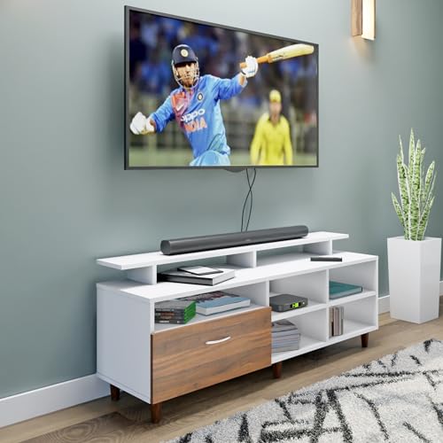Image of VIKI Modern TV Unit for Living Room | Engineered Wood TV Cabinet with 1 Drawer Storage, 2 Open Shelves & Extension, Entertainment Unit, 140W x 48H x 40D cm | DIY | 1 Year Warranty (White & Walnut)