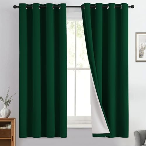 Image of Yakamok Dark Green 100% Blackout Curtains 63 Inches Long 50 inch Wide 2 Panels | Blackout Curtain Panels for Bedroom, 2 Thick Layers Grommet Top Thermal Insulated Drapes with White Back for Living Room