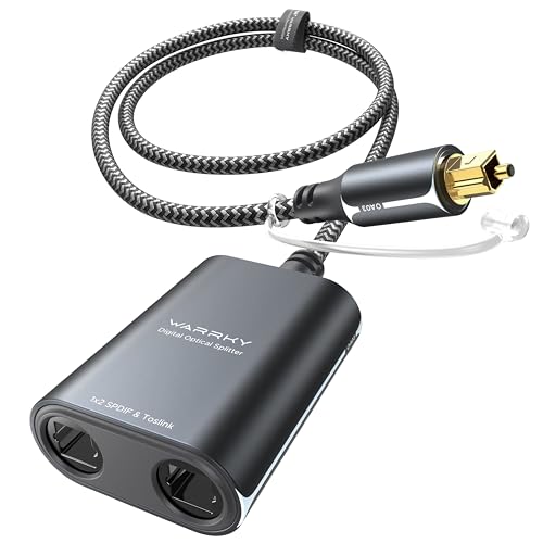 Warrky Optical Splitter, 1 in 2 Out Optical Splitter 2ft [Aluminum Shell, Gold Plated] Toslink Splitter for LPCM 2.0, Dolby, DTS 5.1, Compatible with Soundbar, Headphones, Hearing Aids, TVs