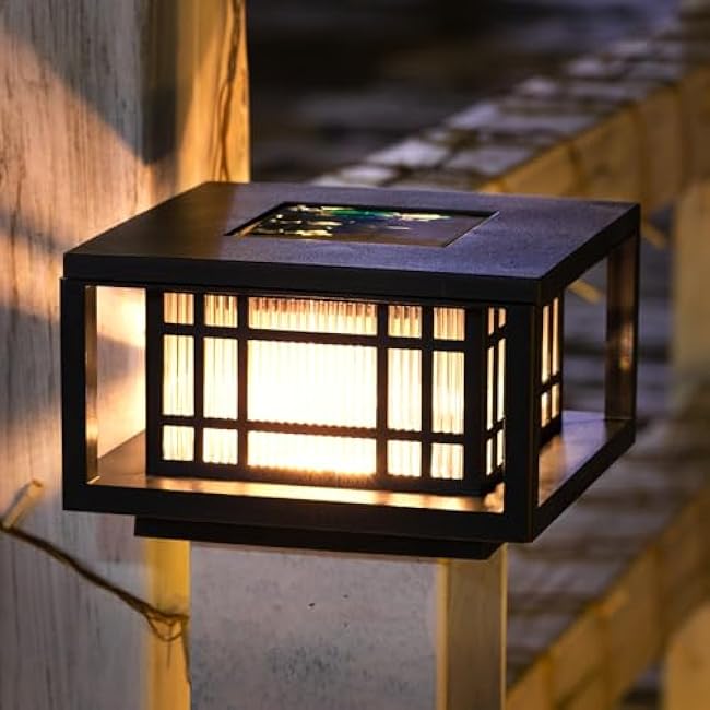 HUYIENO Solar Post Cap Lights Large Outdoor Deck Fence Post Lights 50Lumens Brightness Warm/Bright White Lighing Modes for 4x4 5x5 Vinyl Posts, 4x4 5x5 6x6 Wooden Posts (Black, 2pk)