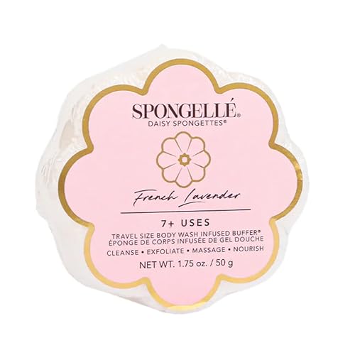 Spongellé French Lavender Daisy Spongette Bath Sponge | Built-in Body Wash & Body Scrubber, Shower Loofah Sponge for Women, Travel Essentials | 7+ uses