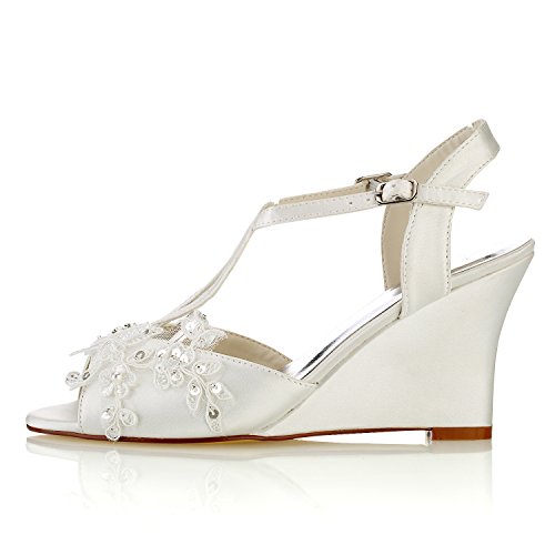 Emily Bridal Lace Wedding Shoes Ivory Peep Toe Flowers Detail Wedge Shoes Ankle Strap Bridal Shoes2