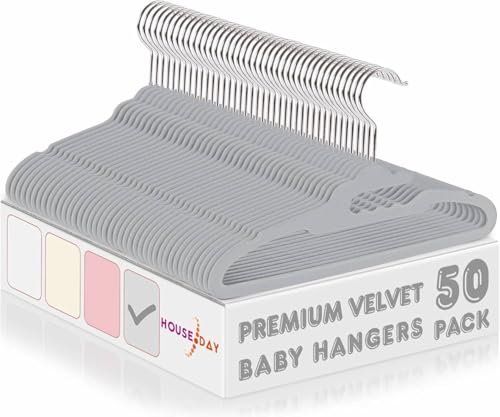 Image of HOUSE DAY Premium Baby Velvet Hangers 50 Pack for Kids, Non Slip Kids Clothes Hangers for Closet, 11 Inch Children's Hanger Space Saving on Baby Organization, Grey