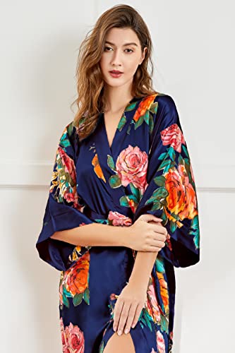 Image of BABEYOND Women's Kimono Robe Long Satin Silky Floral Lightweight Bridesmaid Wedding Bachelorette Party Robe