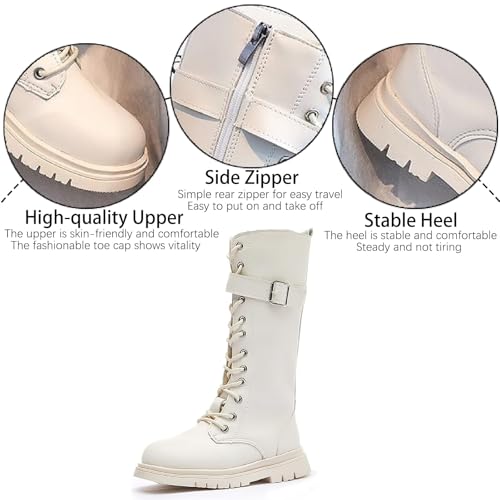 Girls Leather Lace Up Knee High Boots Lace Up Side Zipper PU Leather Waterproof Mid Calf Riding Winter Boots Goth Non Slip Solid Color Ankle Booties 4-11 Years2