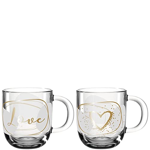 Leonardo Presente Geschenk-Tassen 2er Set mit Schriftzug 'Herz & Love', spülmaschinengeeignete Glas-Tassen, Tee-Tassen mit goldenem Schriftzug und Motiv, 400 ml, 025604