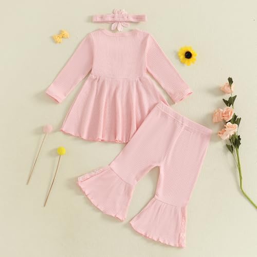 Baby Girl Fall Outfits Toddler Girl Clothes Flower Dress Lace Dresses Bow Sweatshirt Flared Pants Clothing Set4