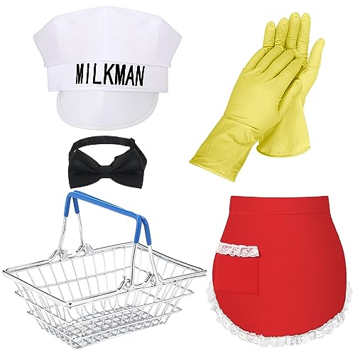 Xtinmee 5 Pcs Halloween Milkman and Housewife Costume Set Classic 1950's Milkman and Pregnant Housewife Costume Set for Pregnant Couple Halloween Costume