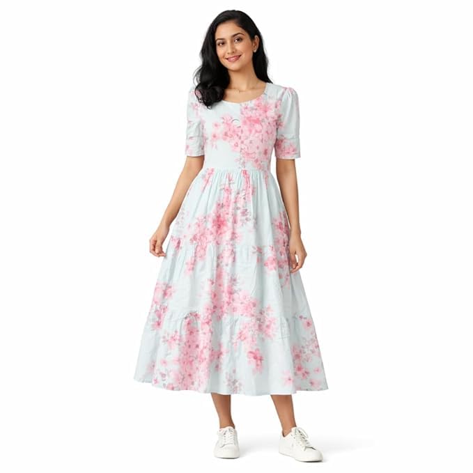 Women's Cotton Blend Maxi Midi Dress Western Dress for Women Elegant Floral Printed Long Dresses-picture-43