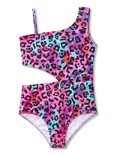 Image of Dvenki Big Girls Asymmetric Cutout Swimsuit Adjustable Straps Sizes 6X-16 | color block, leopard, tropical prints, front lined swimwear, removable pads, suitable for beach, vacation, pool play