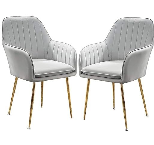 Image of Set of 2 Velvet Dining Chairs, Cushion Seat Chair for Living Room Bedroom Restaurant, Modern Contemporary Upholstered with Polished Rosegold Metal Legs (Grey)