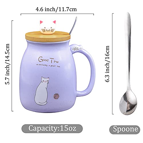 15 Oz Cute Cat Ceramic Coffee Cup Ceramic Mug With Lovely Kitty Wooden Lid Spoon Tea Mug Cute Cup Present For Lovers Children (Purple) #TOP2